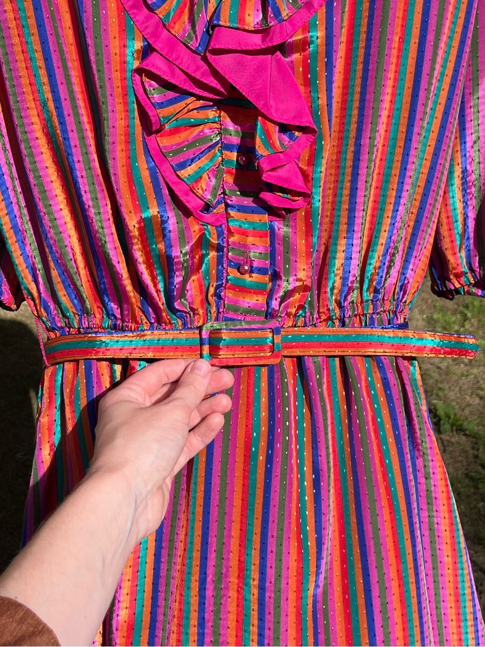 70s Sears Colorful Striped Circus Clown Ruffle Collar Midi Dress Size 14 Retro - Picture 14 of 16